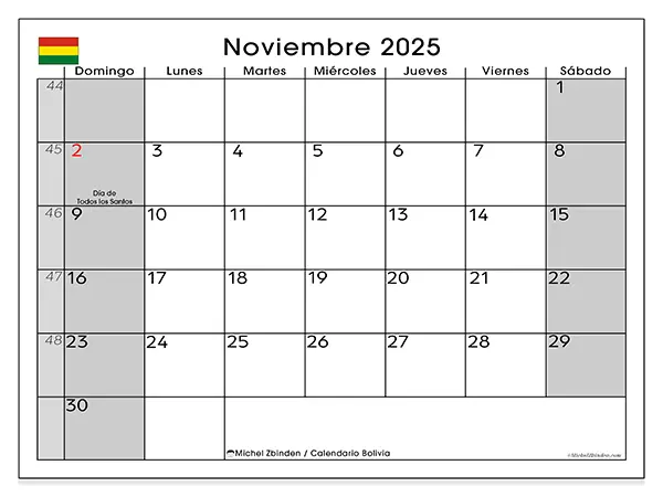 Calendario de Bolivia para imprimir gratis, noviembre 2025. Semana:  De domingo a sábado