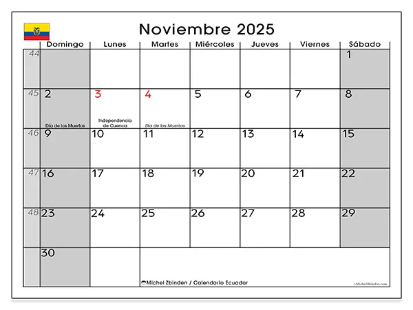 Calendario de Ecuador para imprimir gratis, noviembre 2025. Semana:  De domingo a sábado