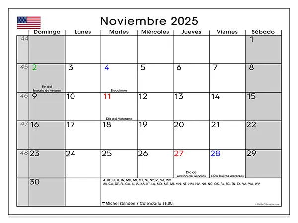Calendario de Estados Unidos para imprimir gratis, noviembre 2025. Semana:  De domingo a sábado