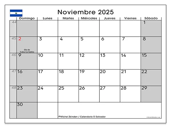 Calendario de El Salvador para imprimir gratis, noviembre 2025. Semana:  De domingo a sábado