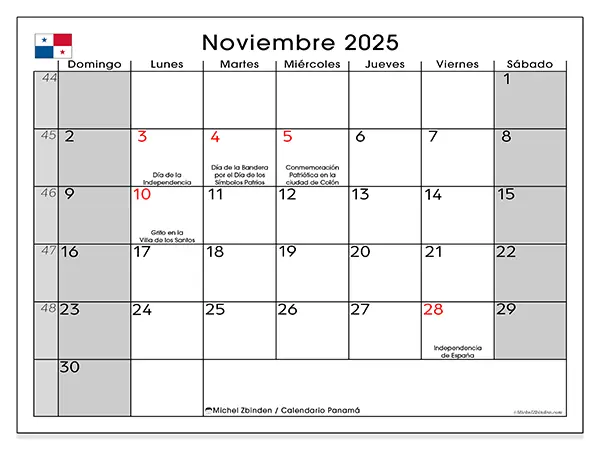 Calendario de Panamá para imprimir gratis, noviembre 2025. Semana:  De domingo a sábado