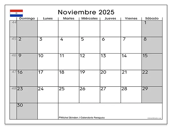 Calendario de Paraguay para imprimir gratis, noviembre 2025. Semana:  De domingo a sábado