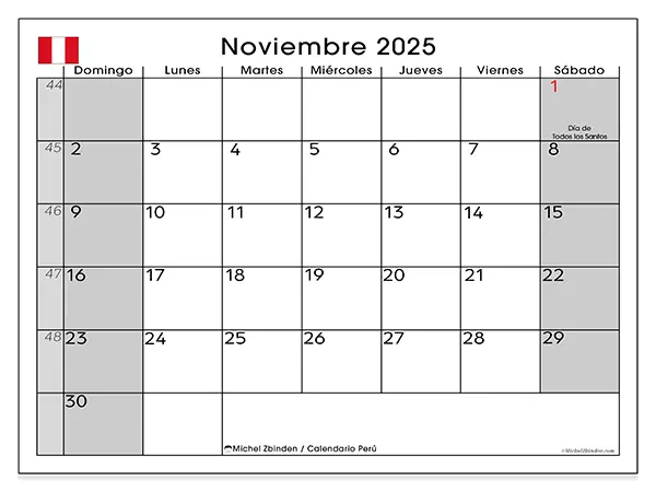 Calendario de Perú para imprimir gratis, noviembre 2025. Semana:  De domingo a sábado