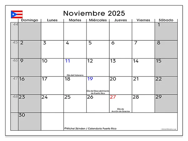 Calendario de Puerto Rico para imprimir gratis, noviembre 2025. Semana:  De domingo a sábado
