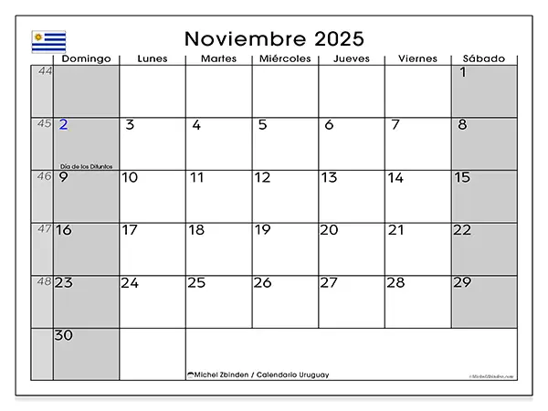 Calendario de Uruguay para imprimir gratis, noviembre 2025. Semana:  De domingo a sábado