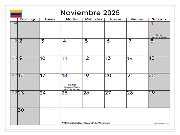 Calendario de Venezuela para imprimir gratis, noviembre 2025. Semana:  De domingo a sábado