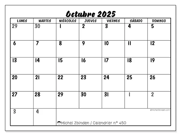 Calendario n.° 450 para imprimir gratis, octubre 2025. Semana:  De lunes a domingo