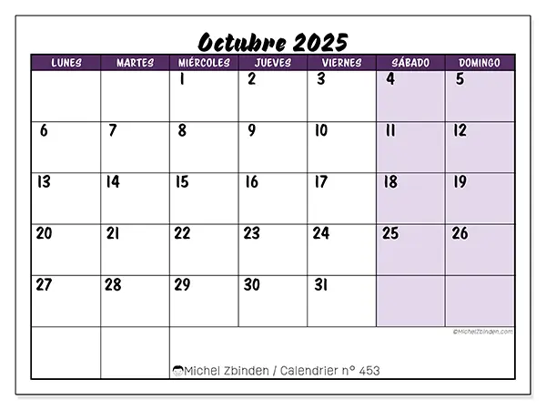 Calendario n.° 453 para imprimir gratis, octubre 2025. Semana:  De lunes a domingo
