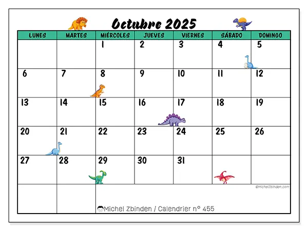 Calendario n.° 455 para imprimir gratis, octubre 2025. Semana:  De lunes a domingo