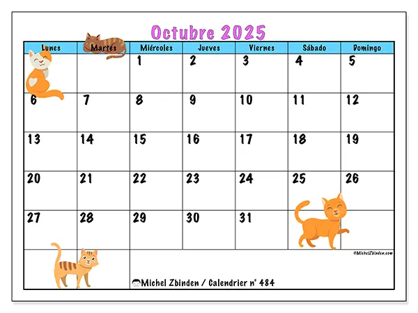 Calendario n.° 484 para imprimir gratis, octubre 2025. Semana:  De lunes a domingo