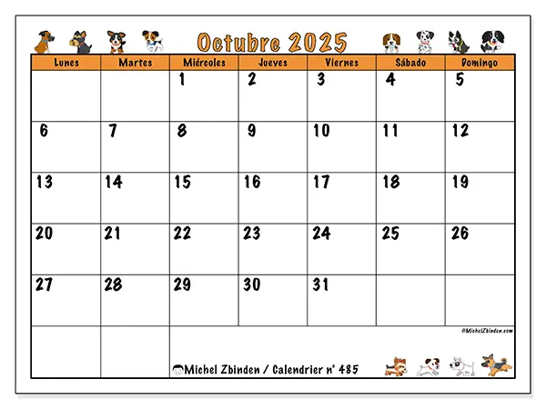 Calendario n.° 485 para imprimir gratis, octubre 2025. Semana:  De lunes a domingo