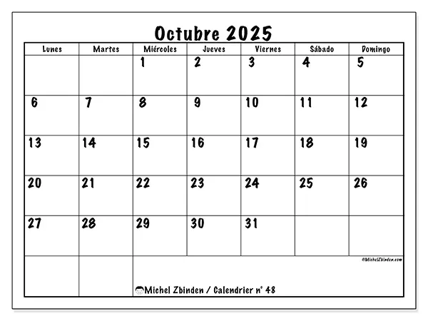 Calendario n° 48 para imprimir gratis, octubre 2025. Semana:  De lunes a domingo