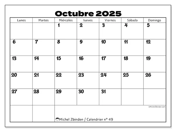 Calendario n.° 49 para imprimir gratis, octubre 2025. Semana:  De lunes a domingo