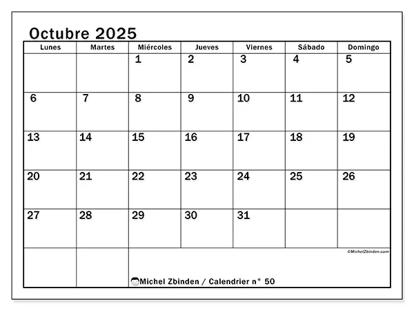 Calendario n° 50 para imprimir gratis, octubre 2025. Semana:  De lunes a domingo