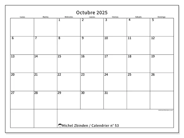 Calendario n.° 53 para imprimir gratis, octubre 2025. Semana:  De lunes a domingo
