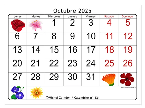 Calendario n.° 621 para imprimir gratis, octubre 2025. Semana:  De lunes a domingo