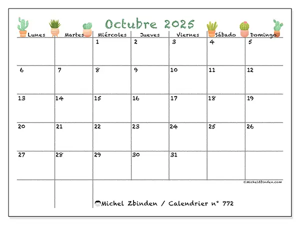 Calendario n.° 772 para imprimir gratis, octubre 2025. Semana:  De lunes a domingo