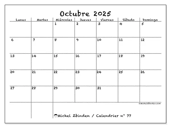 Calendario n.° 77 para imprimir gratis, octubre 2025. Semana:  De lunes a domingo