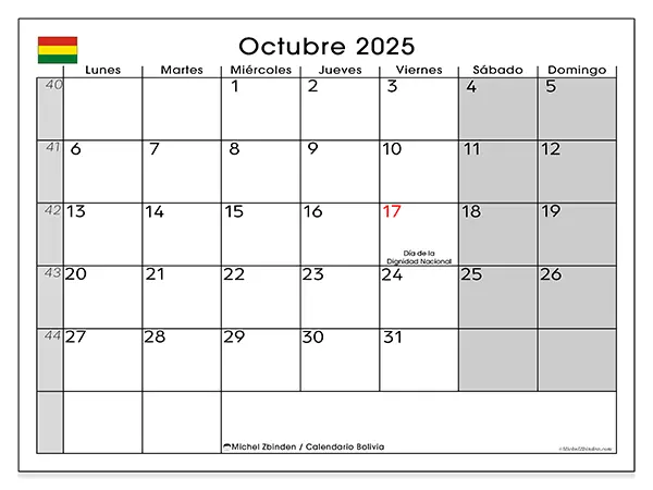 Calendario de Bolivia para imprimir gratis, octubre 2025. Semana:  De lunes a domingo