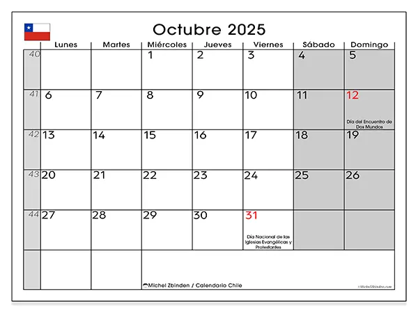 Calendario de Chile para imprimir gratis, octubre 2025. Semana:  De lunes a domingo