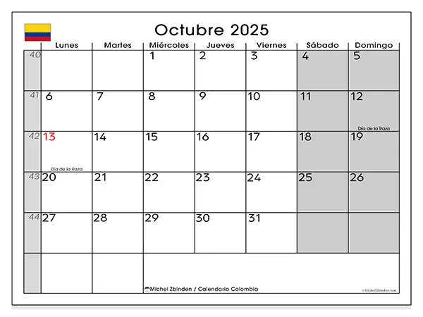 Calendario de Colombia para imprimir gratis, octubre 2025. Semana:  De lunes a domingo