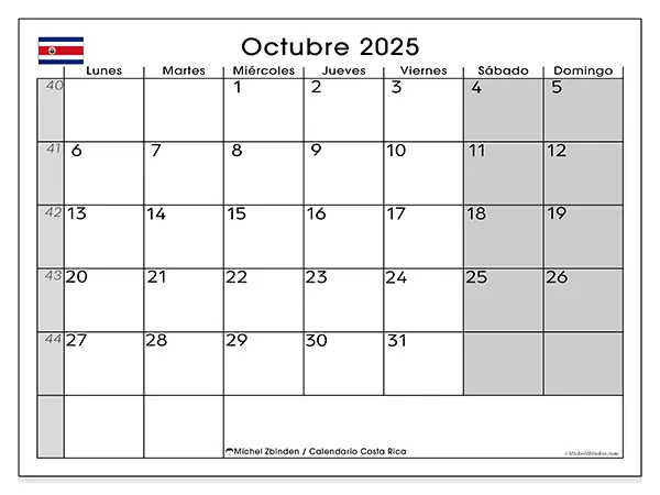Calendario de Costa Rica para imprimir gratis, octubre 2025. Semana:  De lunes a domingo
