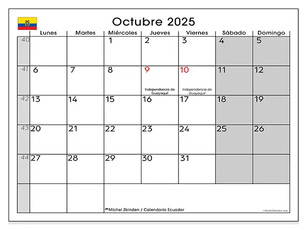 Calendario de Ecuador para imprimir gratis, octubre 2025. Semana:  De lunes a domingo