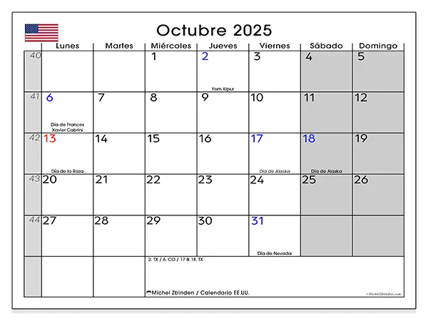 Calendario de Estados Unidos para imprimir gratis, octubre 2025. Semana:  De lunes a domingo