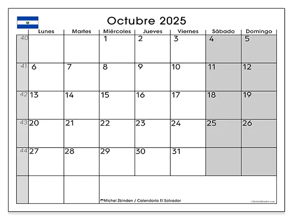 Calendario de El Salvador para imprimir gratis, octubre 2025. Semana:  De lunes a domingo