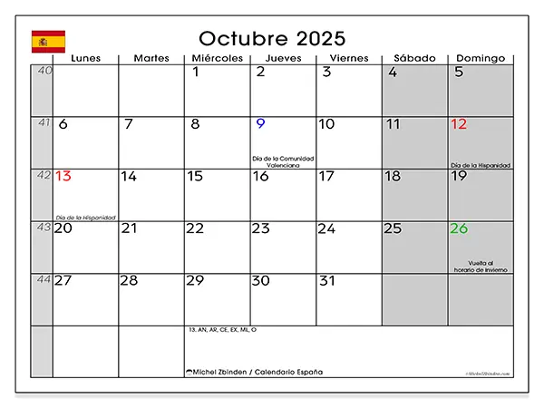 Calendario de España para imprimir gratis, octubre 2025. Semana:  De lunes a domingo