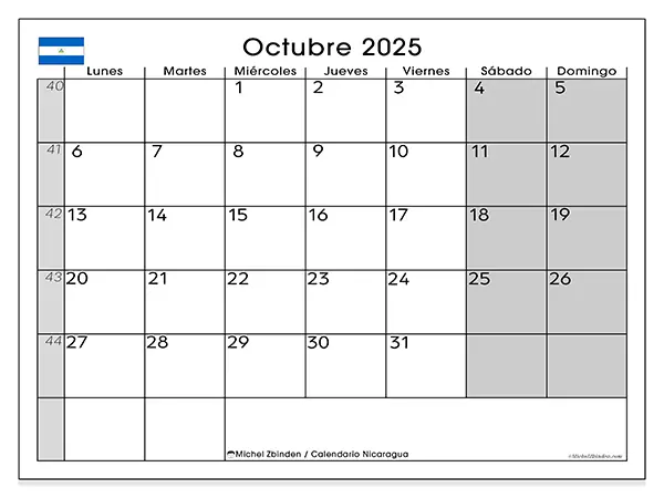 Calendario de Nicaragua para imprimir gratis, octubre 2025. Semana:  De lunes a domingo