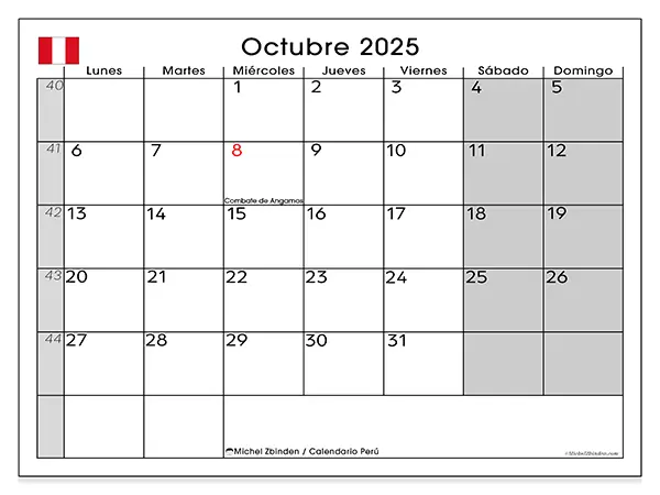 Calendario de Perú para imprimir gratis, octubre 2025. Semana:  De lunes a domingo