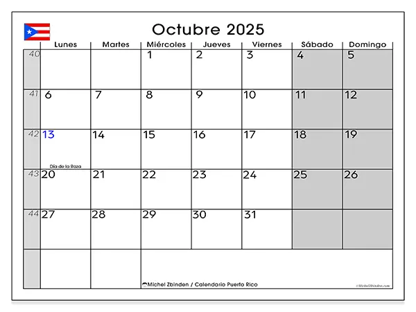 Calendario de Puerto Rico para imprimir gratis, octubre 2025. Semana:  De lunes a domingo