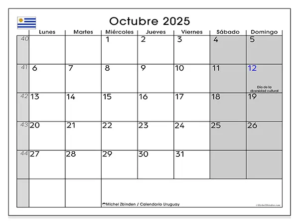 Calendario de Uruguay para imprimir gratis, octubre 2025. Semana:  De lunes a domingo
