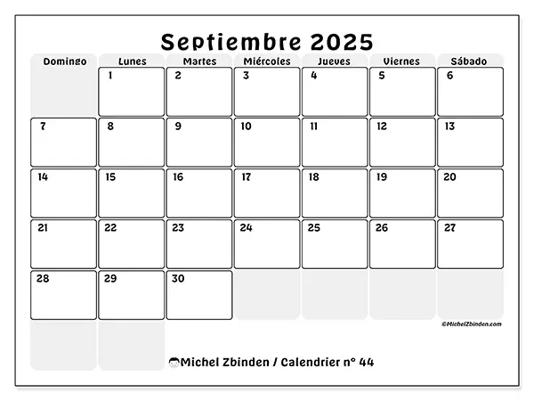 Calendario n.° 44 para imprimir gratis, septiembre 2025. Semana:  De domingo a sábado