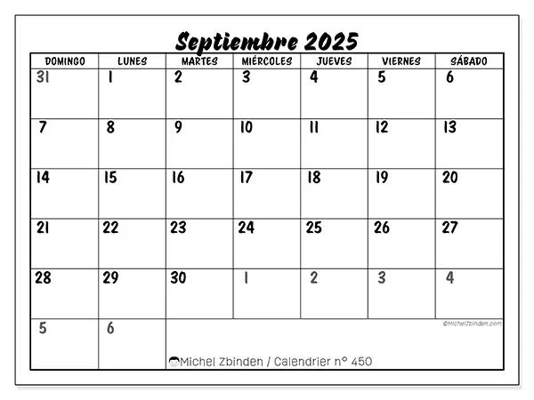 Calendario n.° 450 para imprimir gratis, septiembre 2025. Semana:  De domingo a sábado