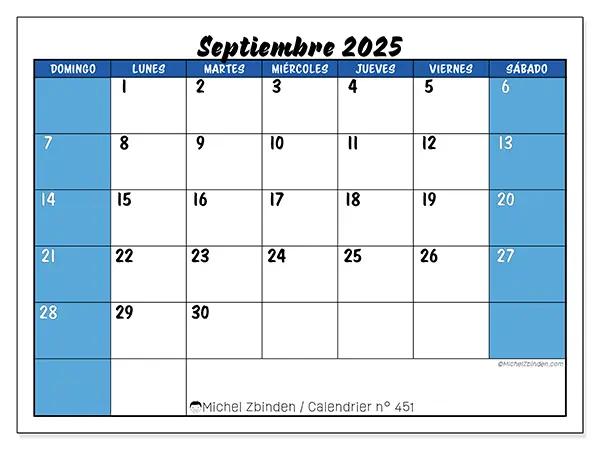 Calendario n.° 451 para imprimir gratis, septiembre 2025. Semana:  De domingo a sábado