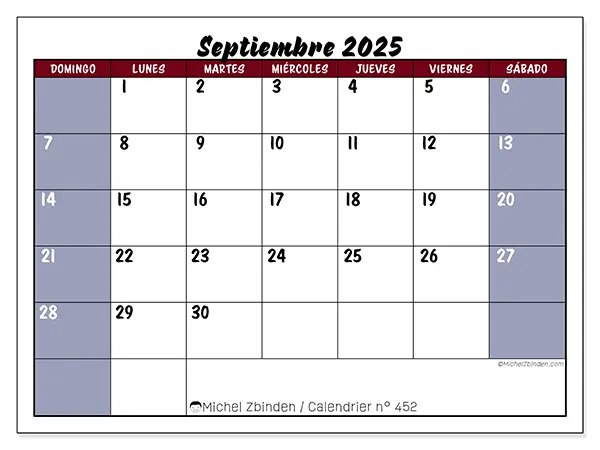 Calendario n.° 452 para imprimir gratis, septiembre 2025. Semana:  De domingo a sábado