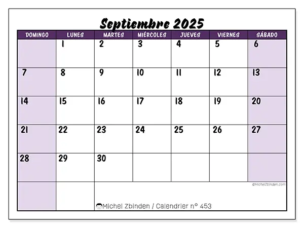 Calendario n.° 453 para imprimir gratis, septiembre 2025. Semana:  De domingo a sábado