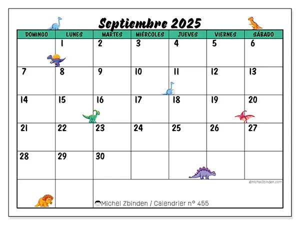 Calendario n.° 455 para imprimir gratis, septiembre 2025. Semana:  De domingo a sábado