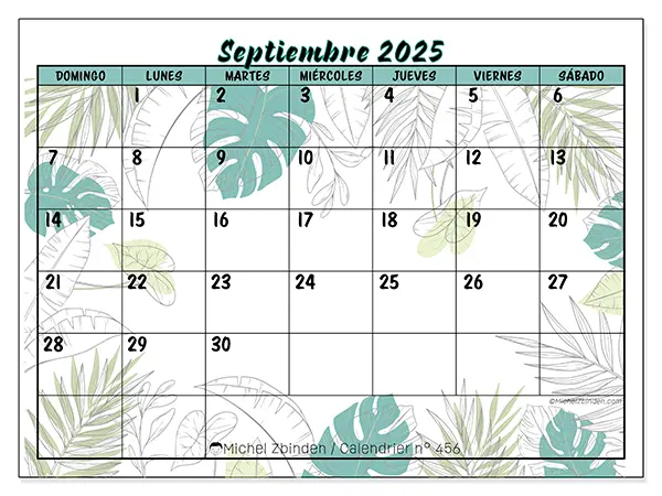 Calendario n.° 456 para imprimir gratis, septiembre 2025. Semana:  De domingo a sábado