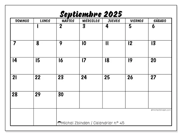 Calendario n.° 45 para imprimir gratis, septiembre 2025. Semana:  De domingo a sábado