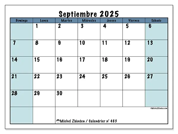 Calendario n.° 483 para imprimir gratis, septiembre 2025. Semana:  De domingo a sábado