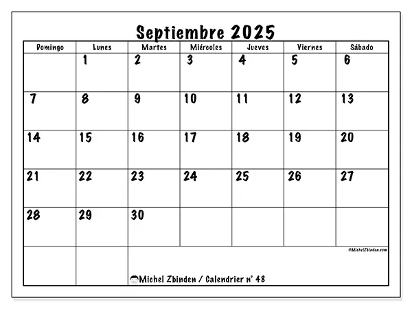 Calendario n° 48 para imprimir gratis, septiembre 2025. Semana:  De domingo a sábado