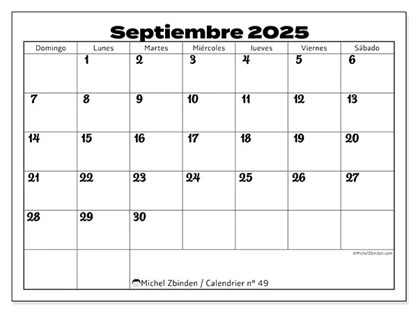 Calendario n.° 49 para imprimir gratis, septiembre 2025. Semana:  De domingo a sábado
