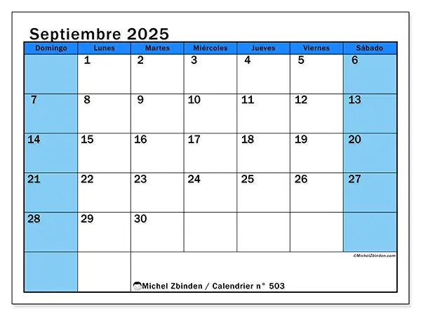 Calendario n° 501 para imprimir gratis, septiembre 2025. Semana:  De domingo a sábado