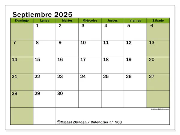Calendario n.° 503 para imprimir gratis, septiembre 2025. Semana:  De domingo a sábado