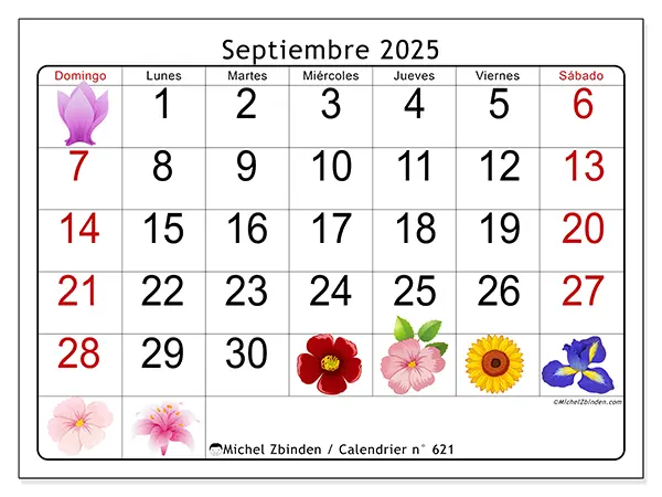 Calendario n.° 621 para imprimir gratis, septiembre 2025. Semana:  De domingo a sábado