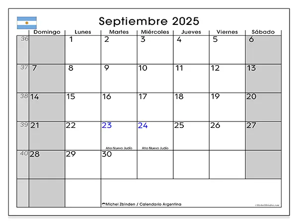Calendario de Argentina para imprimir gratis, septiembre 2025. Semana:  De domingo a sábado