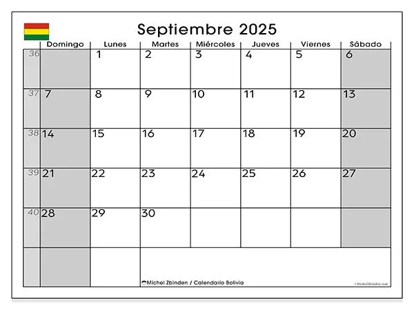 Calendario de Bolivia para imprimir gratis, septiembre 2025. Semana:  De domingo a sábado